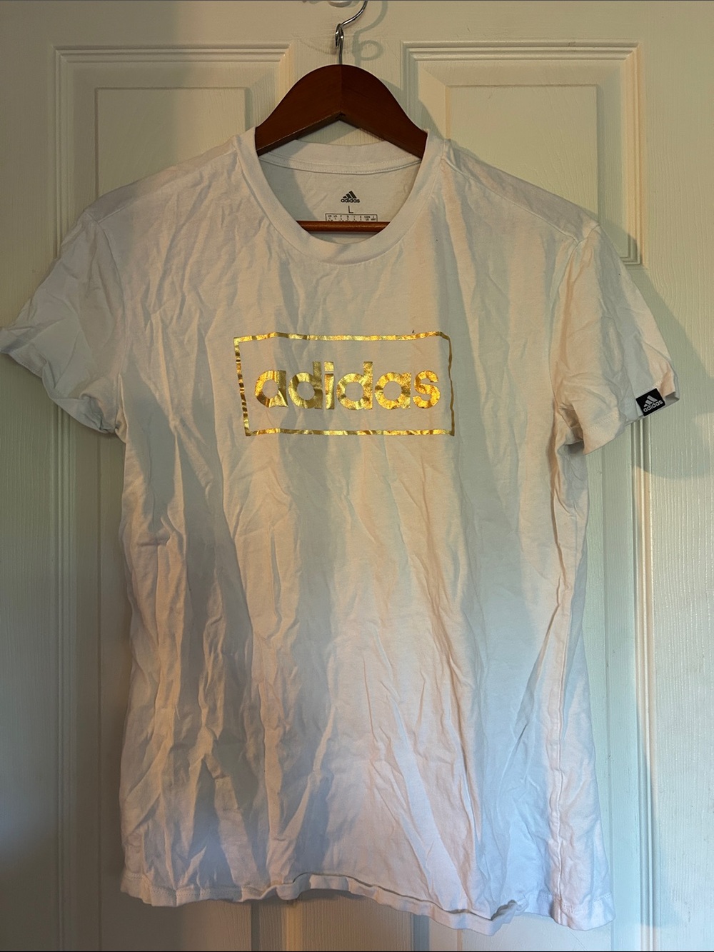 adidas White Tee with Metallic Gold Logo